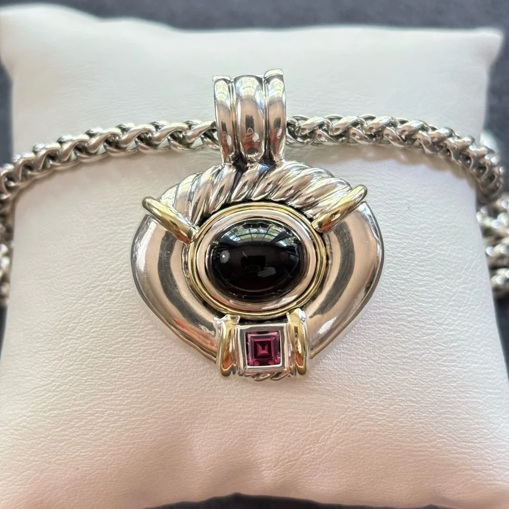 David Yurman 925 & 14k Gold Renaissance Pendant Necklace with Black Onyx 18" - Picture 2 of 9